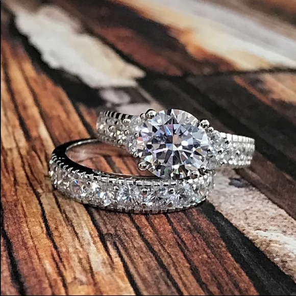 New 2 ps Set 925 Silver Diamond Bridal Ring - Picture 4 of 4